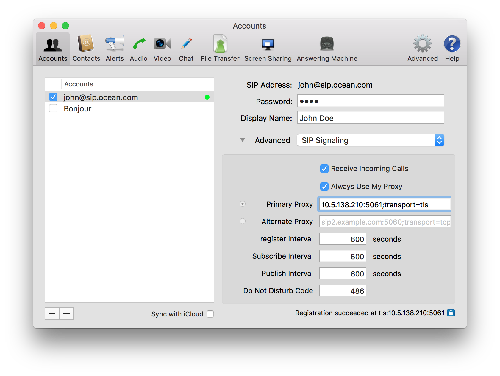 Blink Pro account settings with Primary Proxy set to 10.5.138.210:5061;transport=tls and registration succeeded over TLS