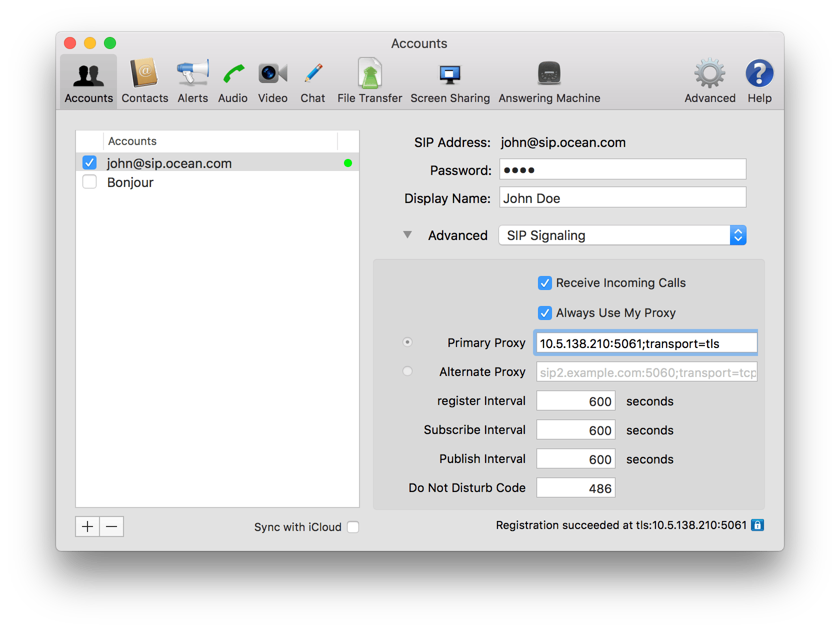 Blink Pro account settings with Primary Proxy set to 10.5.138.210:5061;transport=tls and registration succeeded over TLS