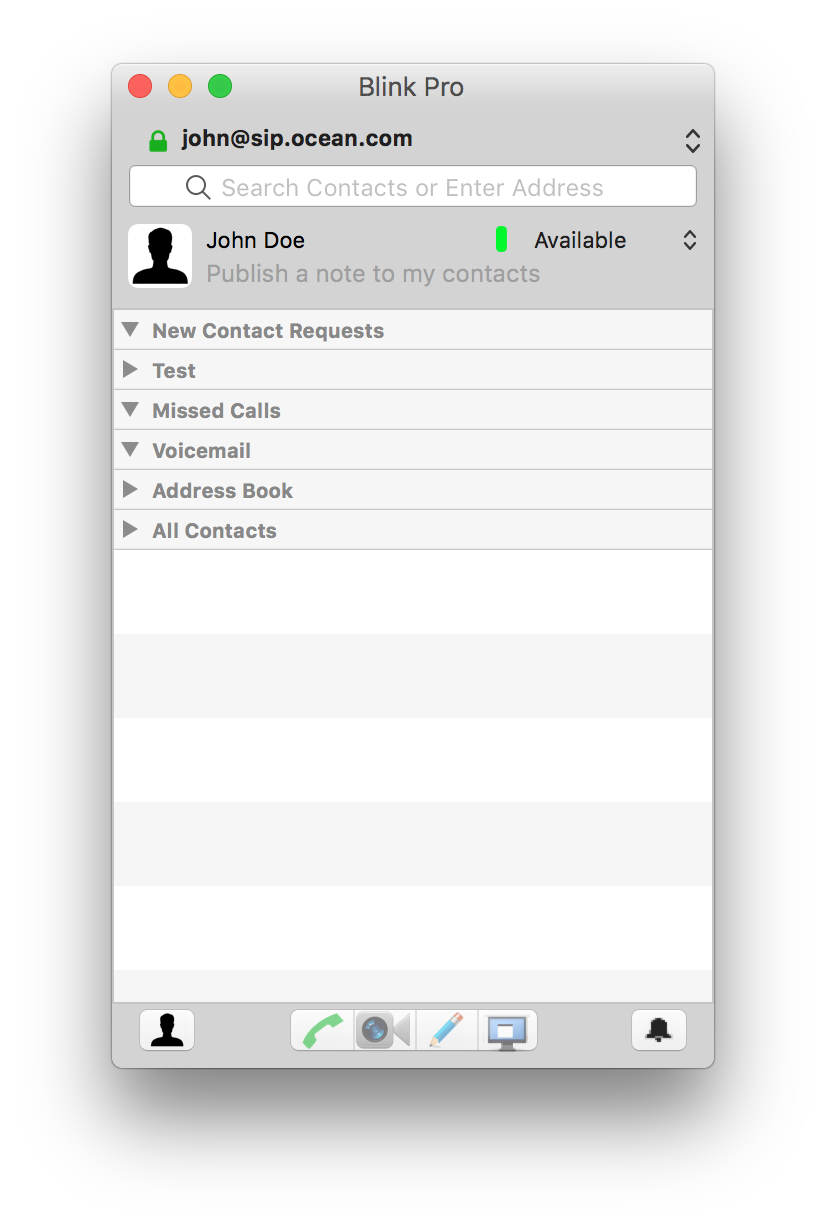 Blink Pro main window with a green padlock next to the account john@sip.ocean.com