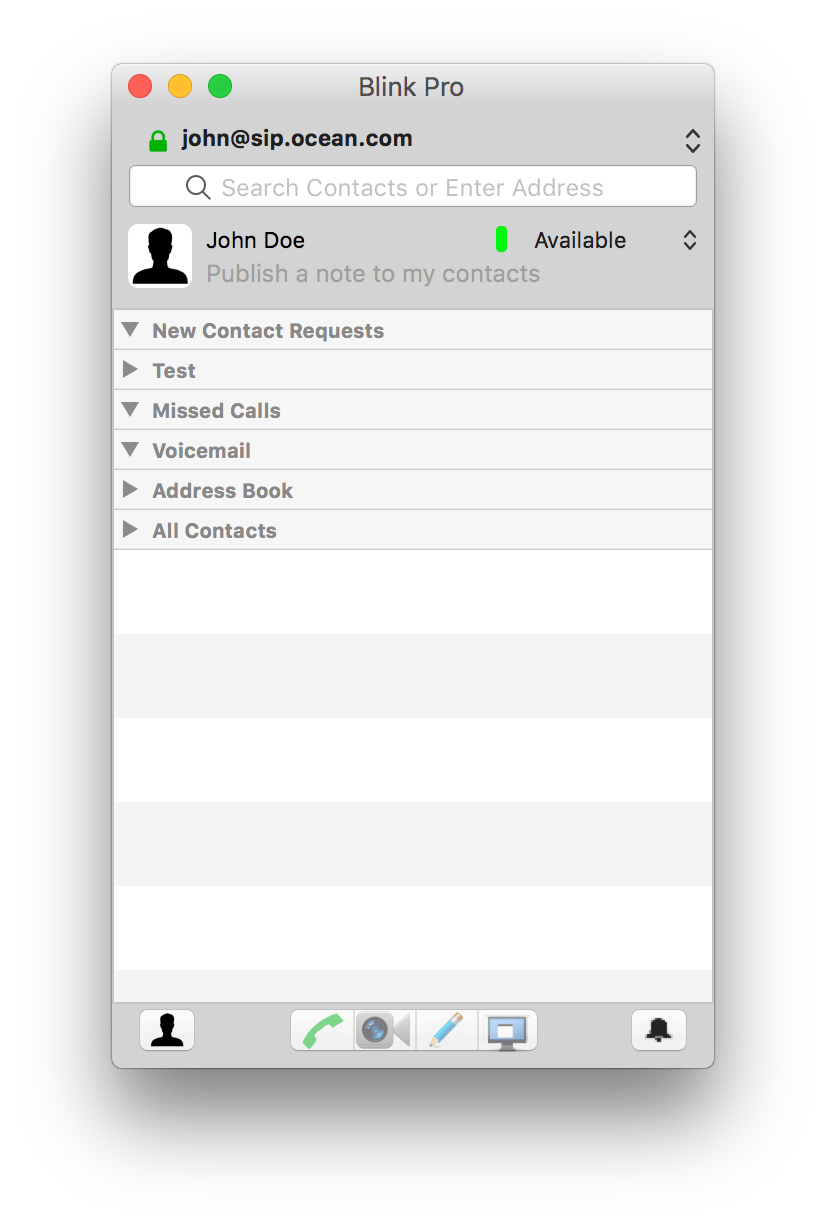 Blink Pro main window with a green padlock next to the account john@sip.ocean.com