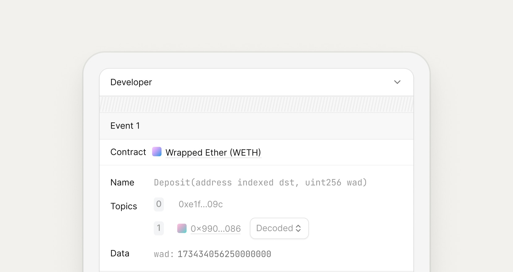 Events section showing decoded on-chain logs for the transaction