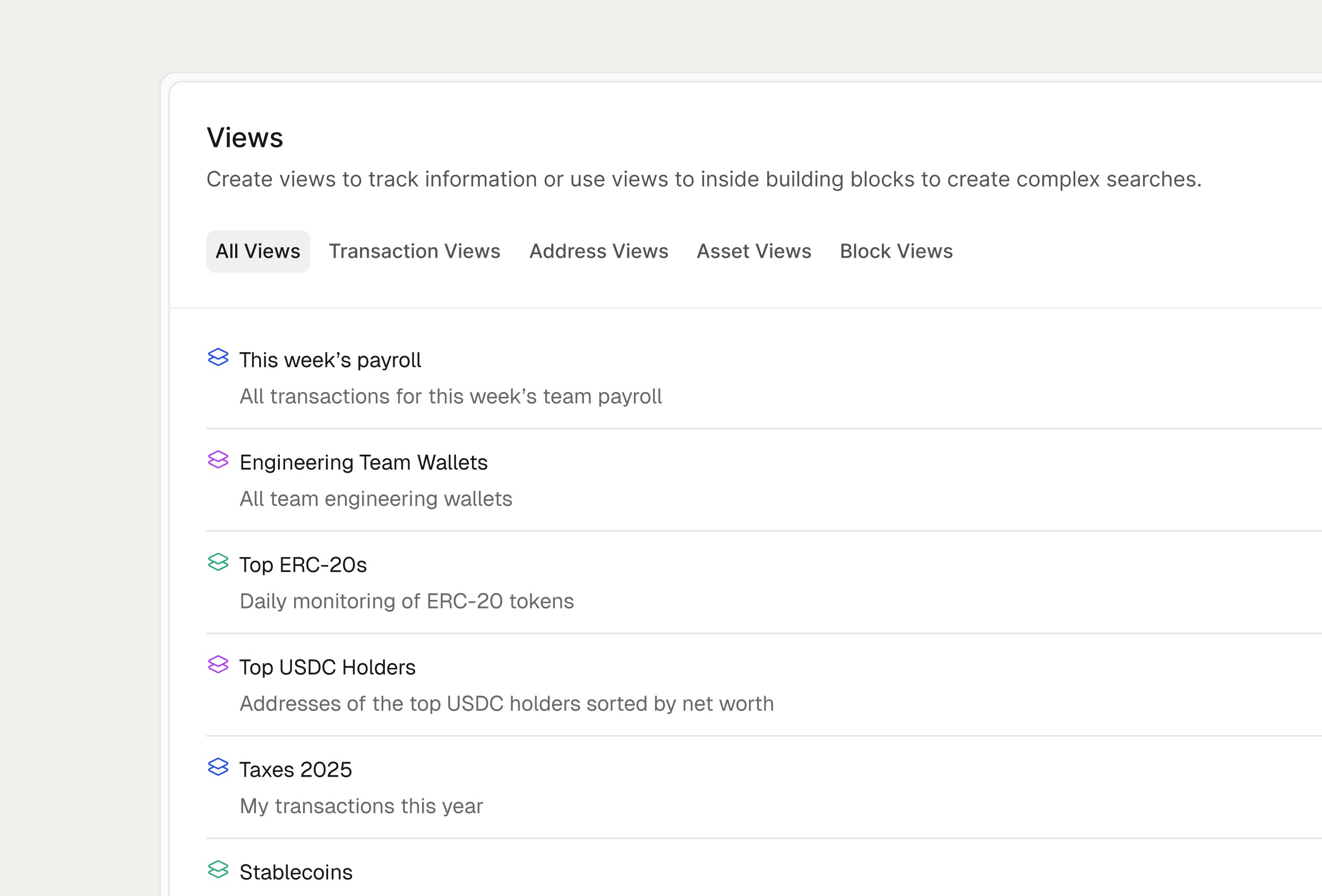 Views page showing saved searches that update live