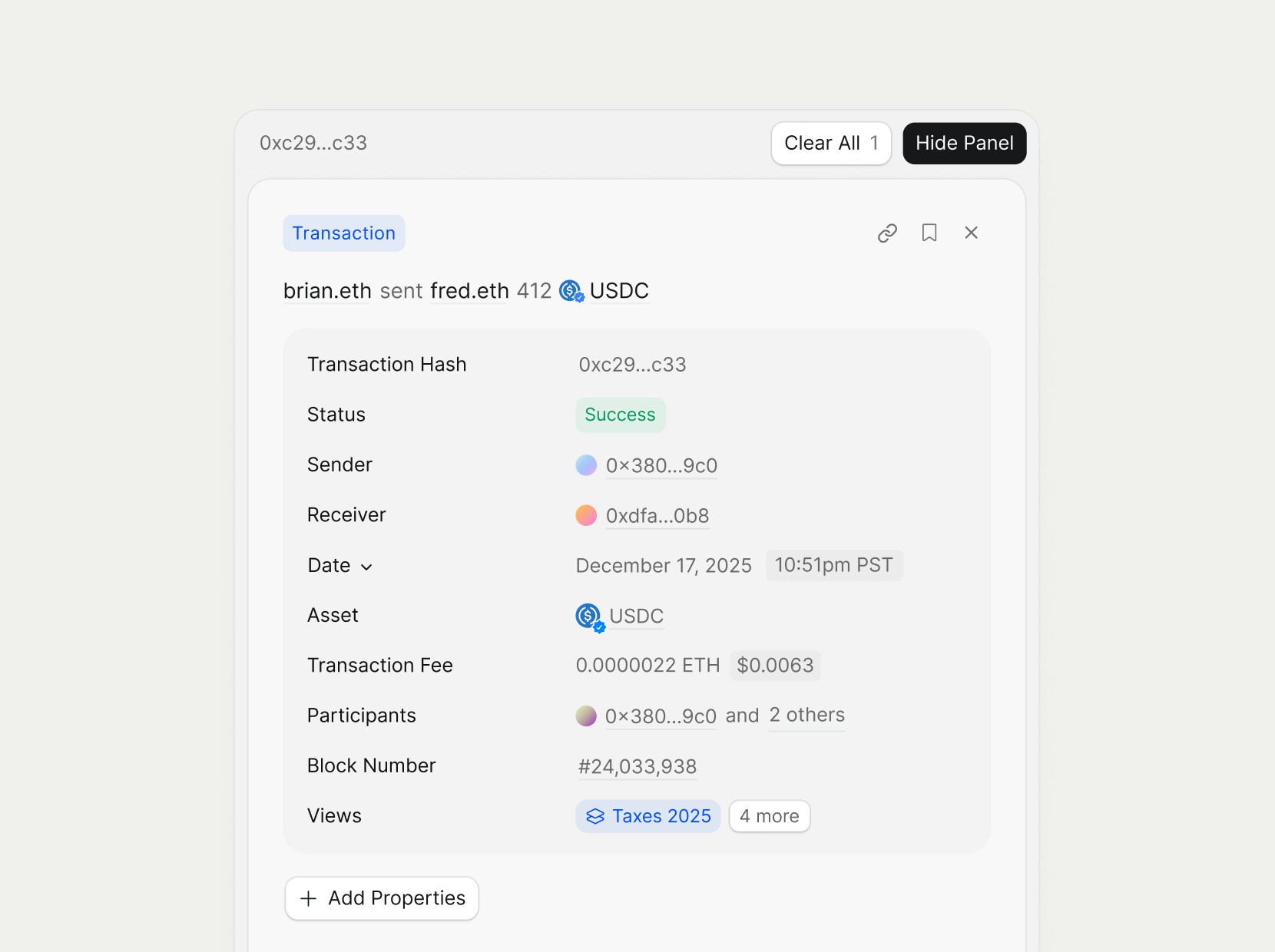 Transaction detail page properties panel showing key metadata fields