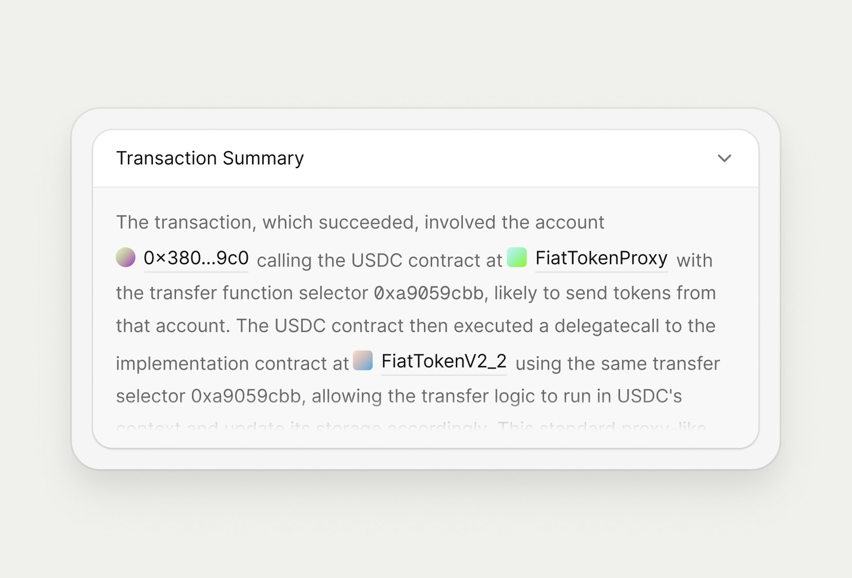 Transaction Summary section showing an AI-generated narrative of the transaction