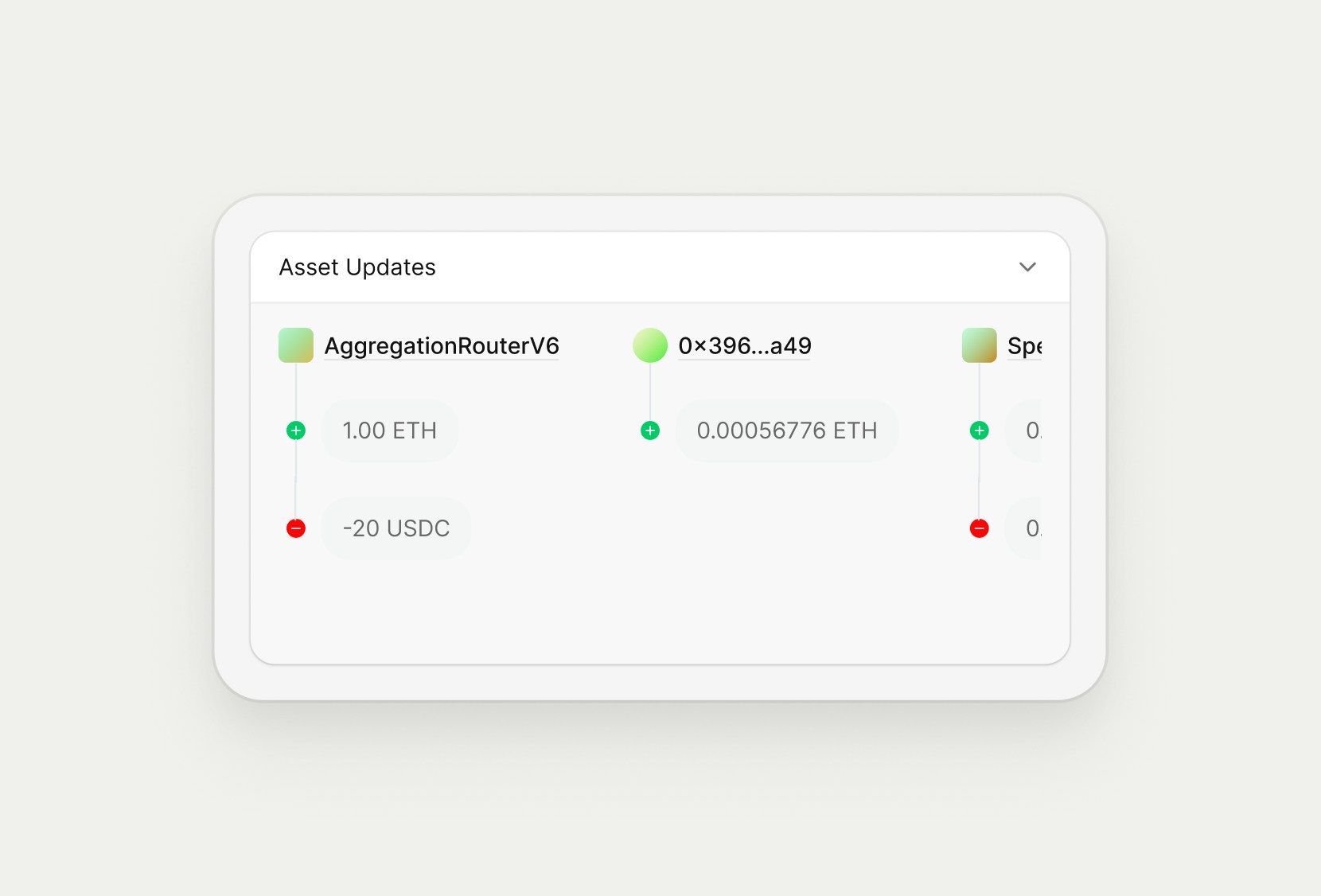 Asset Updates section showing per-address net balance changes by asset