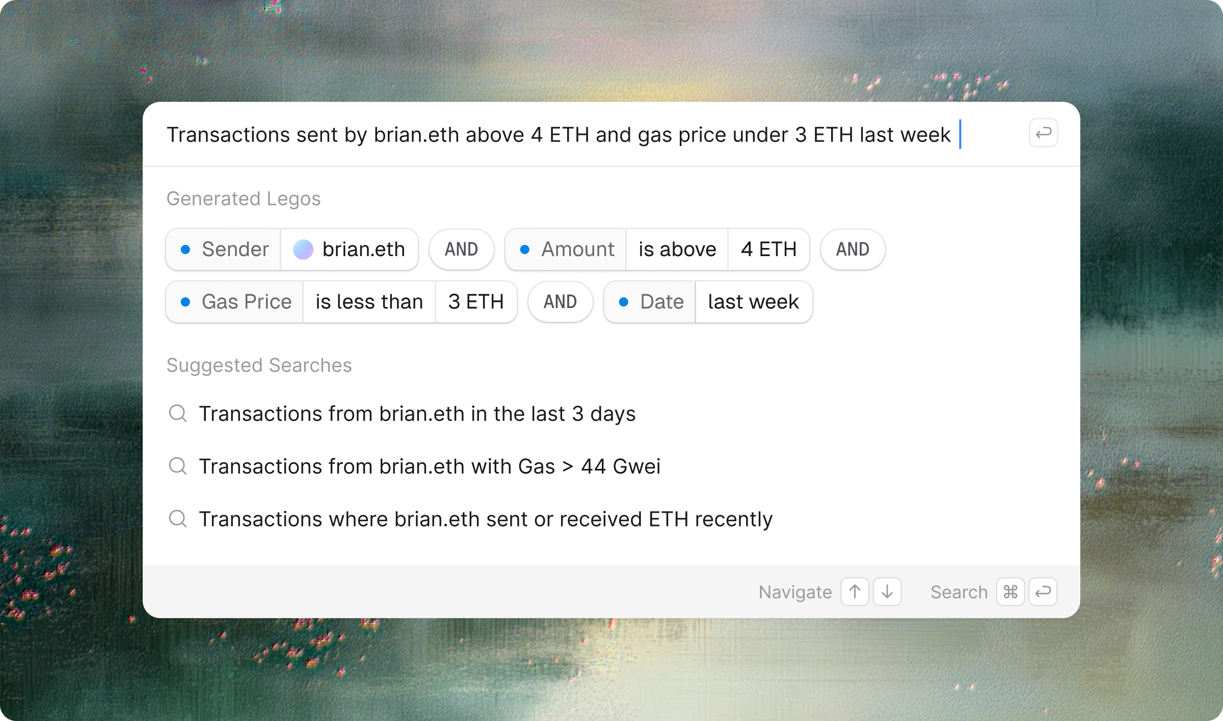 Command menu (Cmd-K) showing the search terminal interface