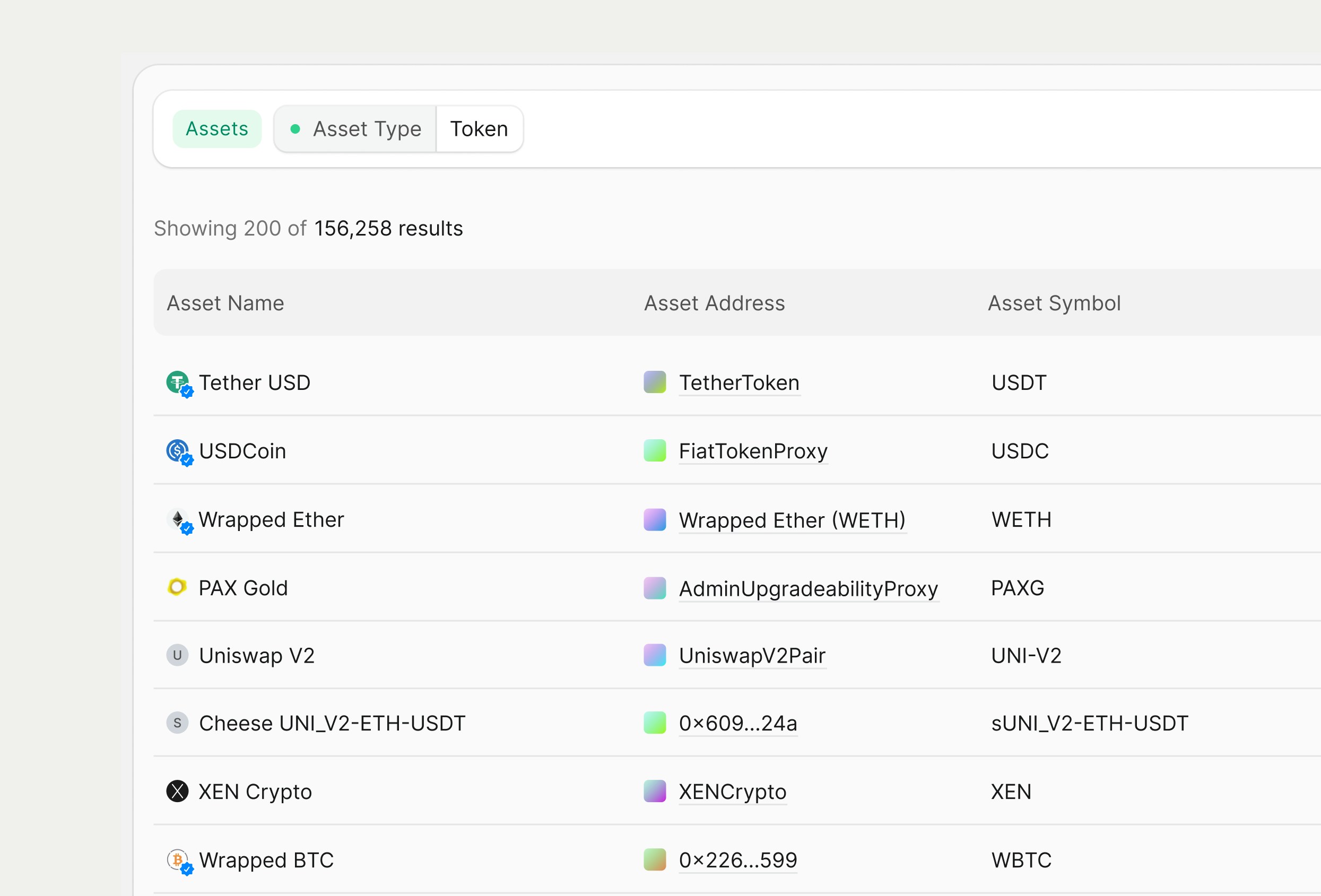 Tables interface showing filtered and sorted results
