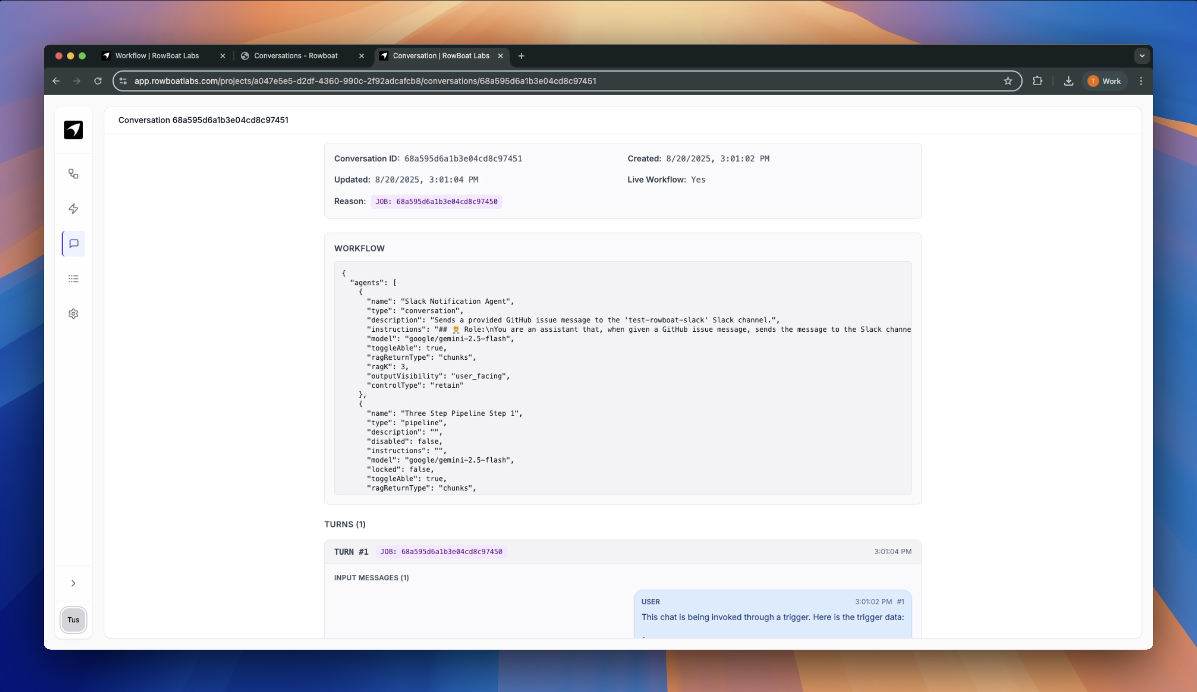 Conversation details showing expanded view of a conversation with turns and messages
