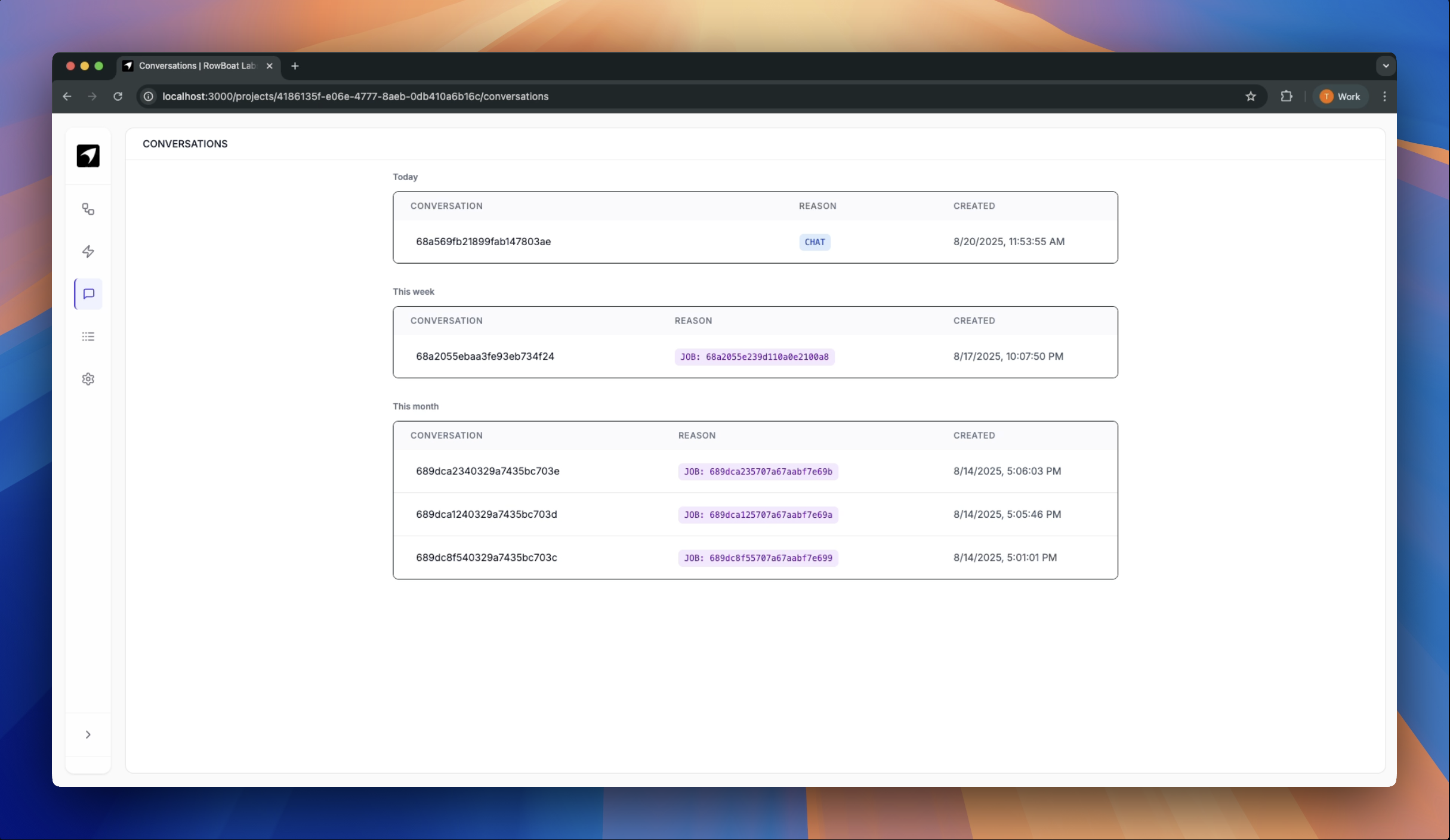Conversations page UI showing list of conversations