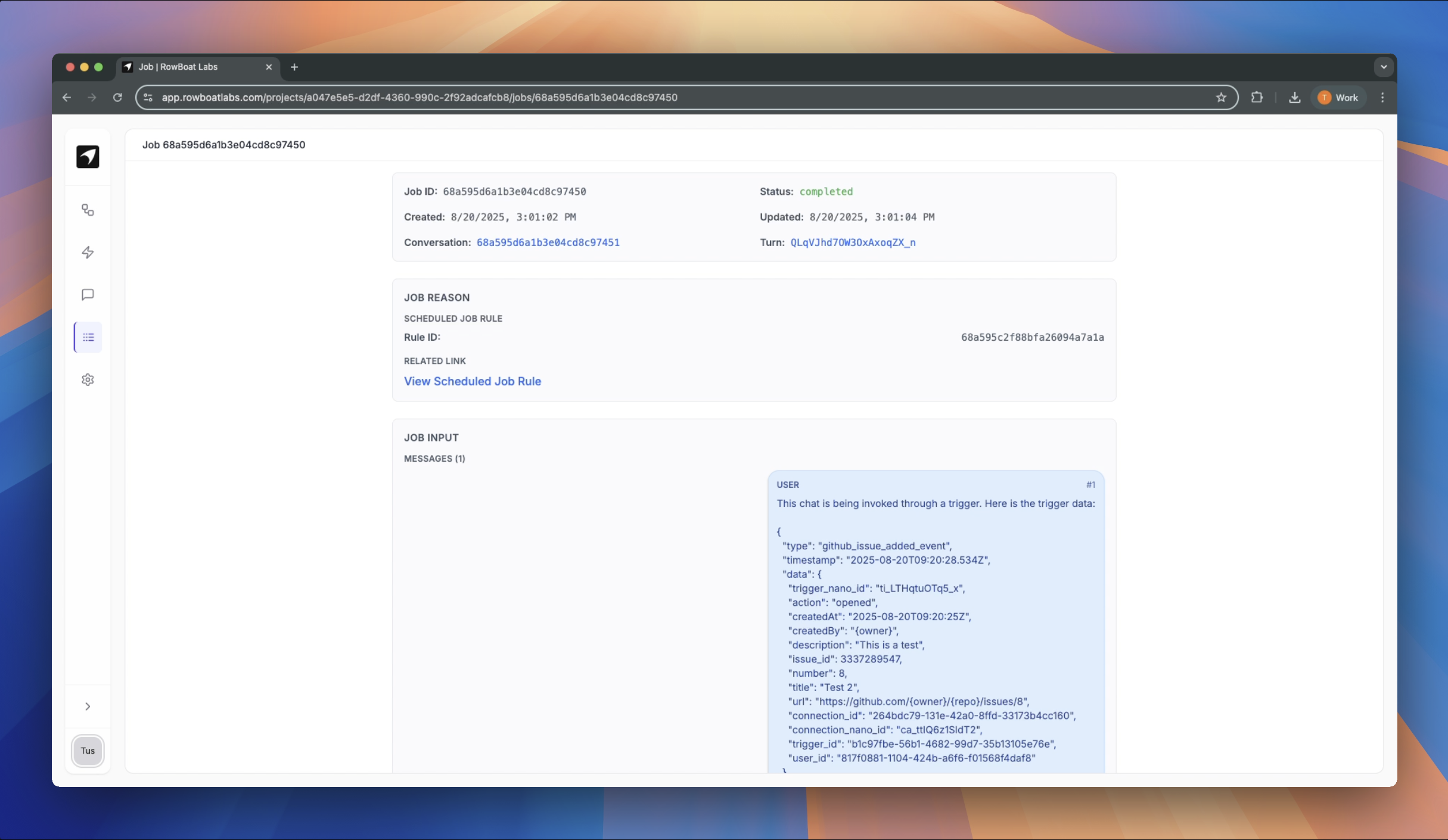 Job run details showing expanded information for a specific job