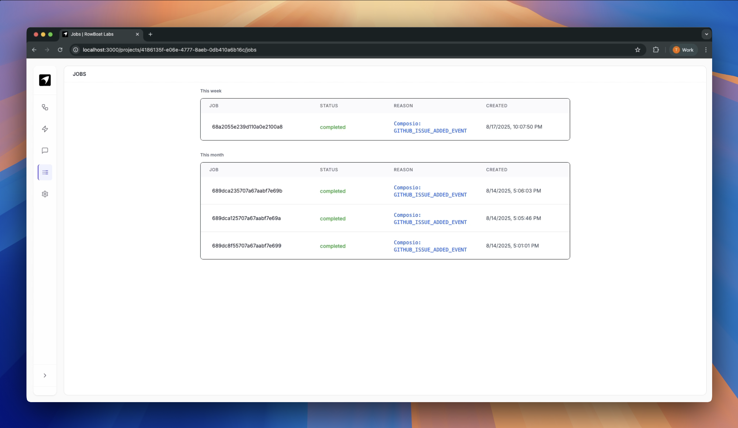 Jobs page showing list of all job runs with status indicators