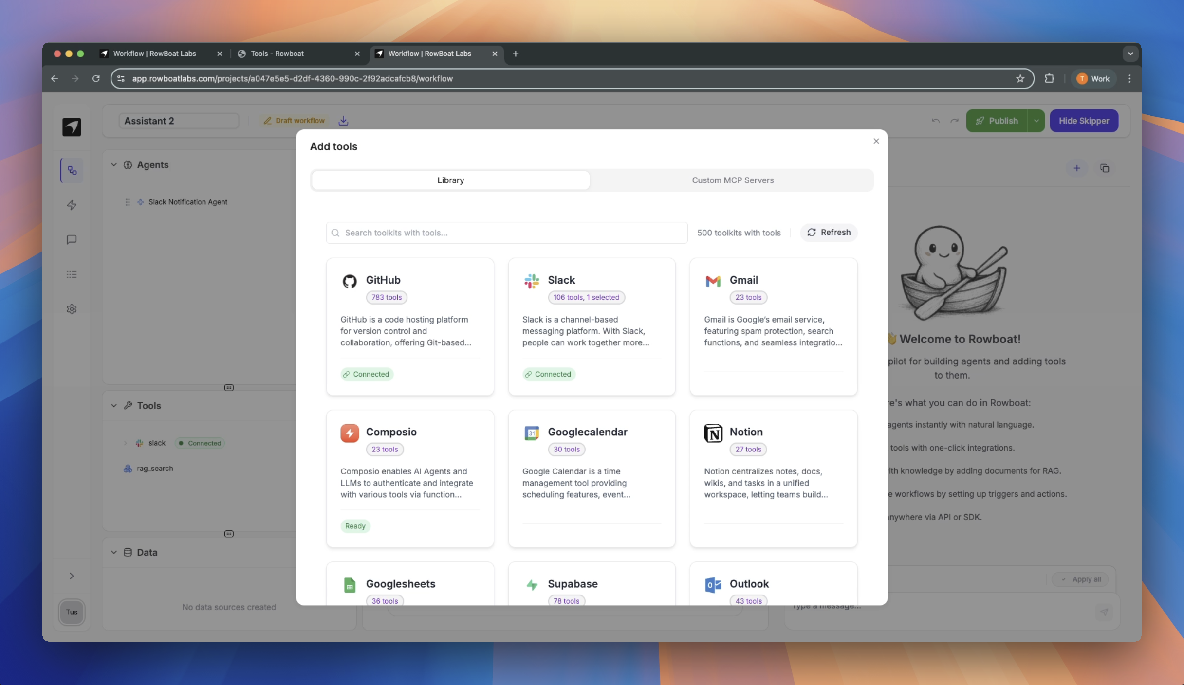 Screenshot of the Tools UI in Rowboat
