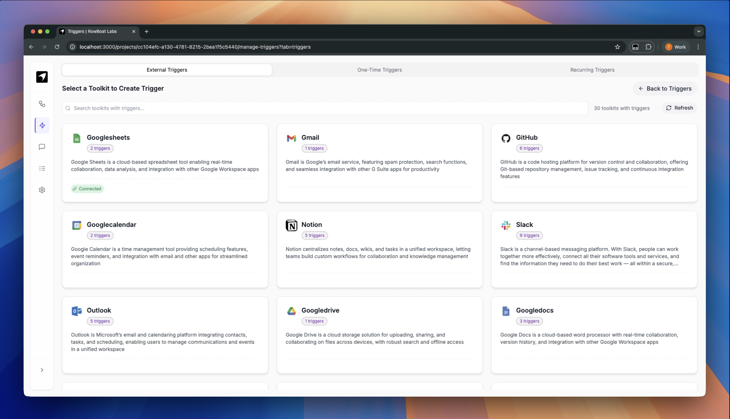 External Triggers UI showing available toolkits and services
