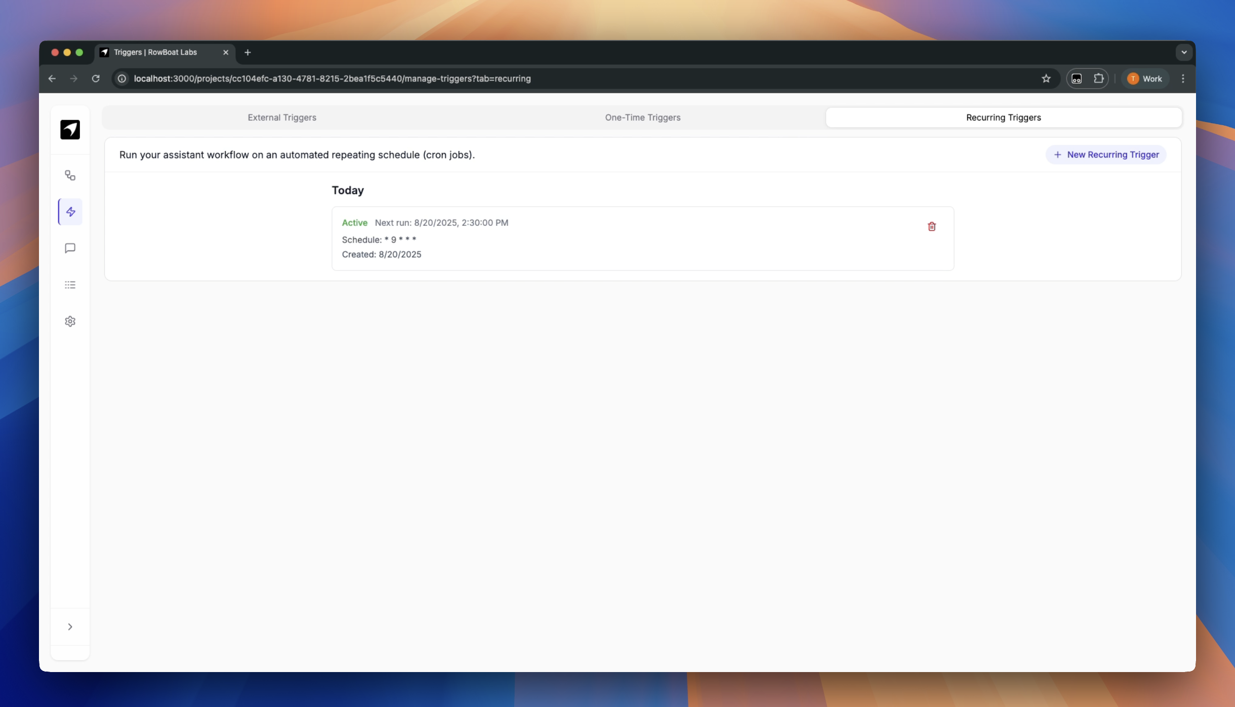 Recurring Triggers UI showing cron-based job configuration