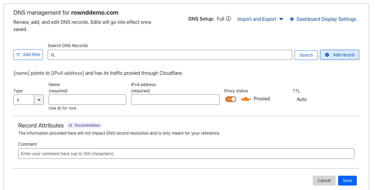 Example DNS configuration in Cloudflare