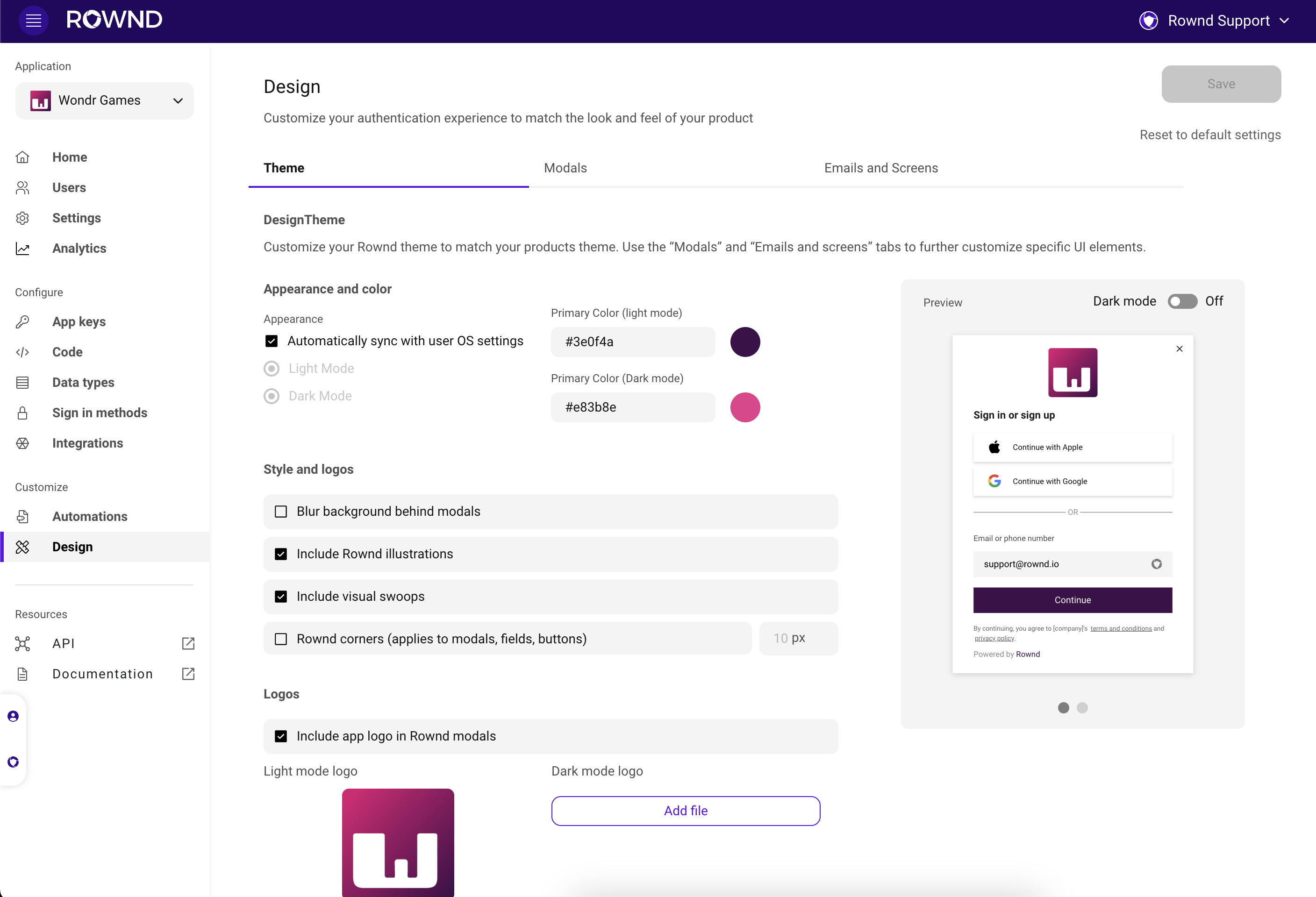 Customize Rownd with your branding and style on the "Design" tab.