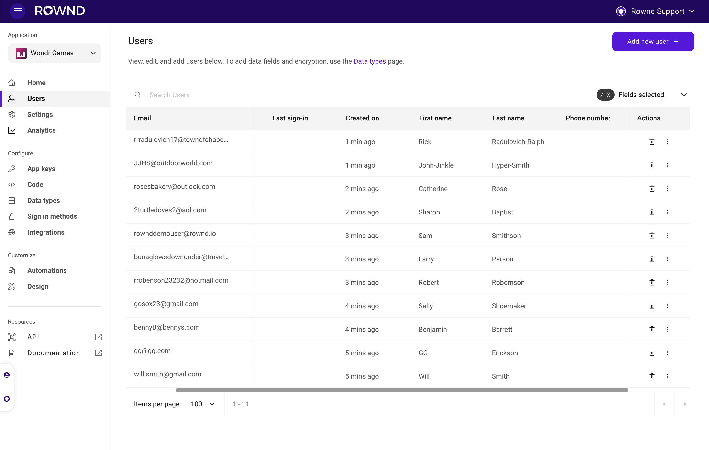 Manage users from the users table in the Rownd platform