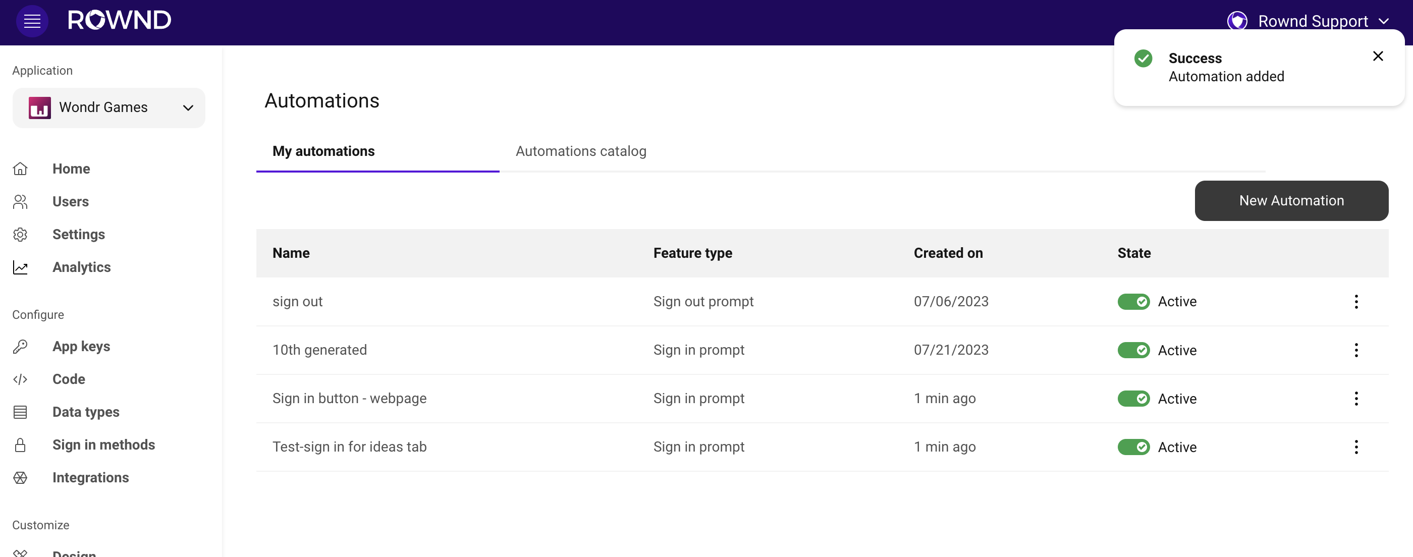 Once you've created your automation, it will appear in your automations table.