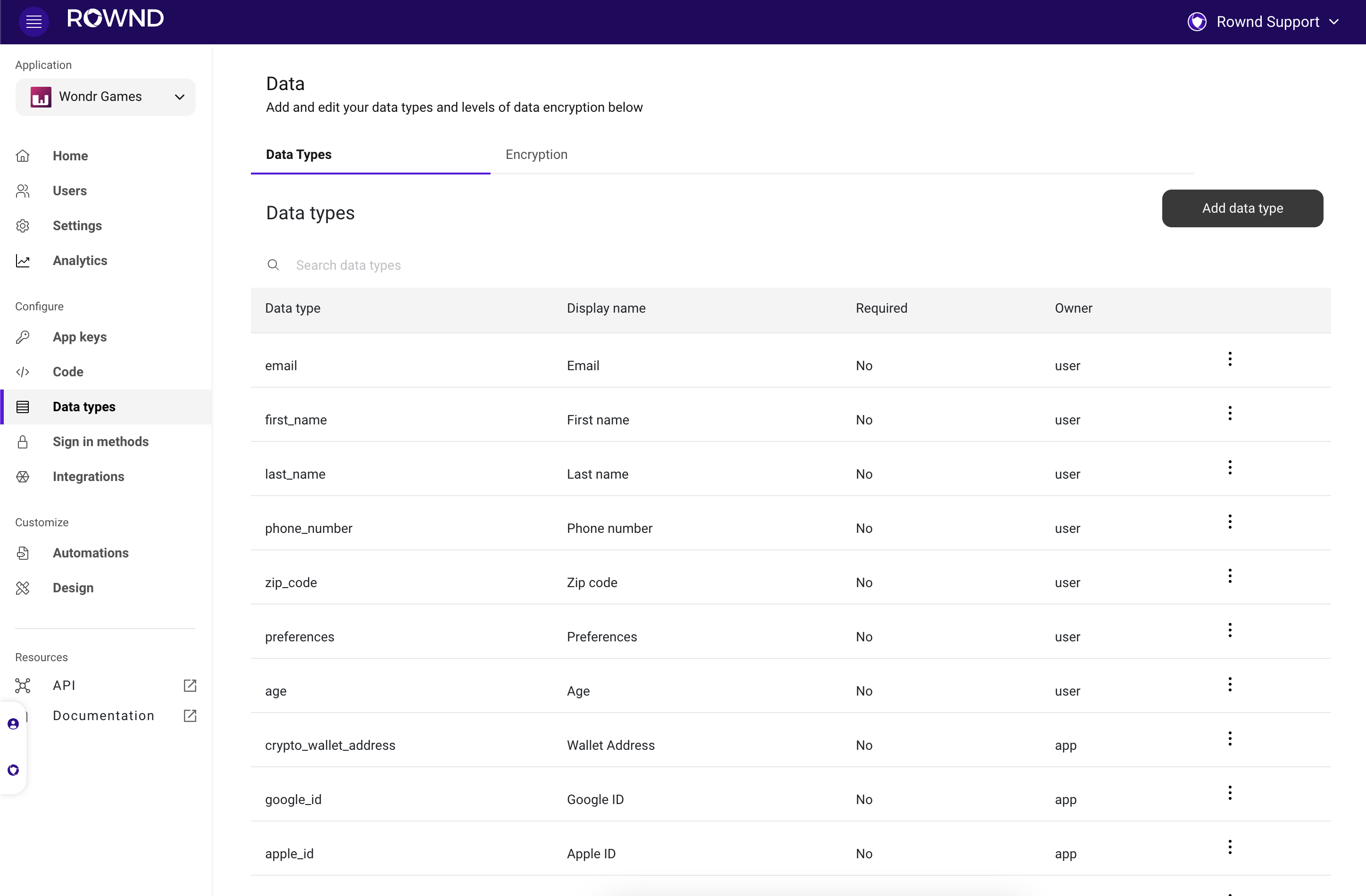 Manage and edit the profile schema from the data types tab.