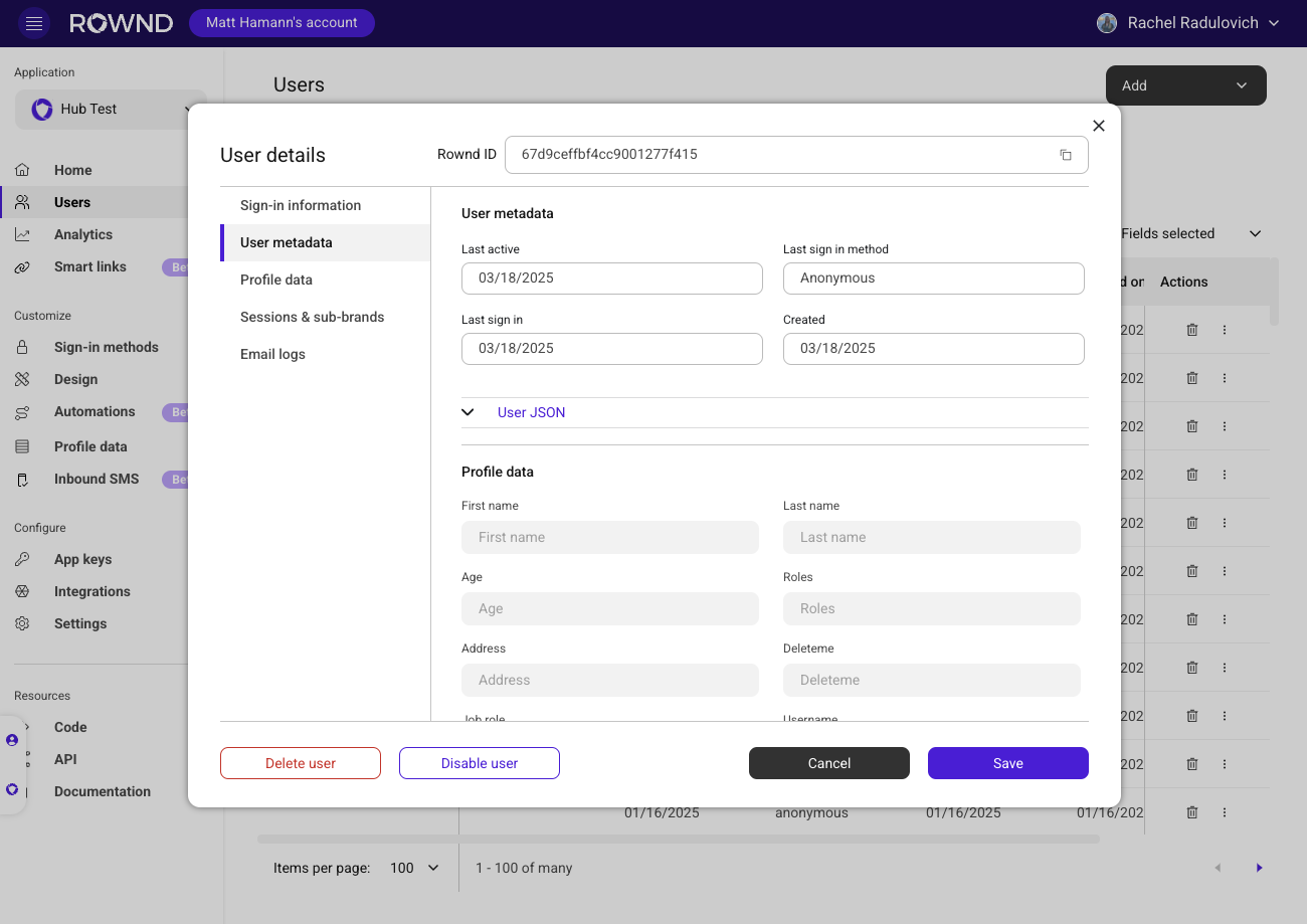 The user editor provides details for each user