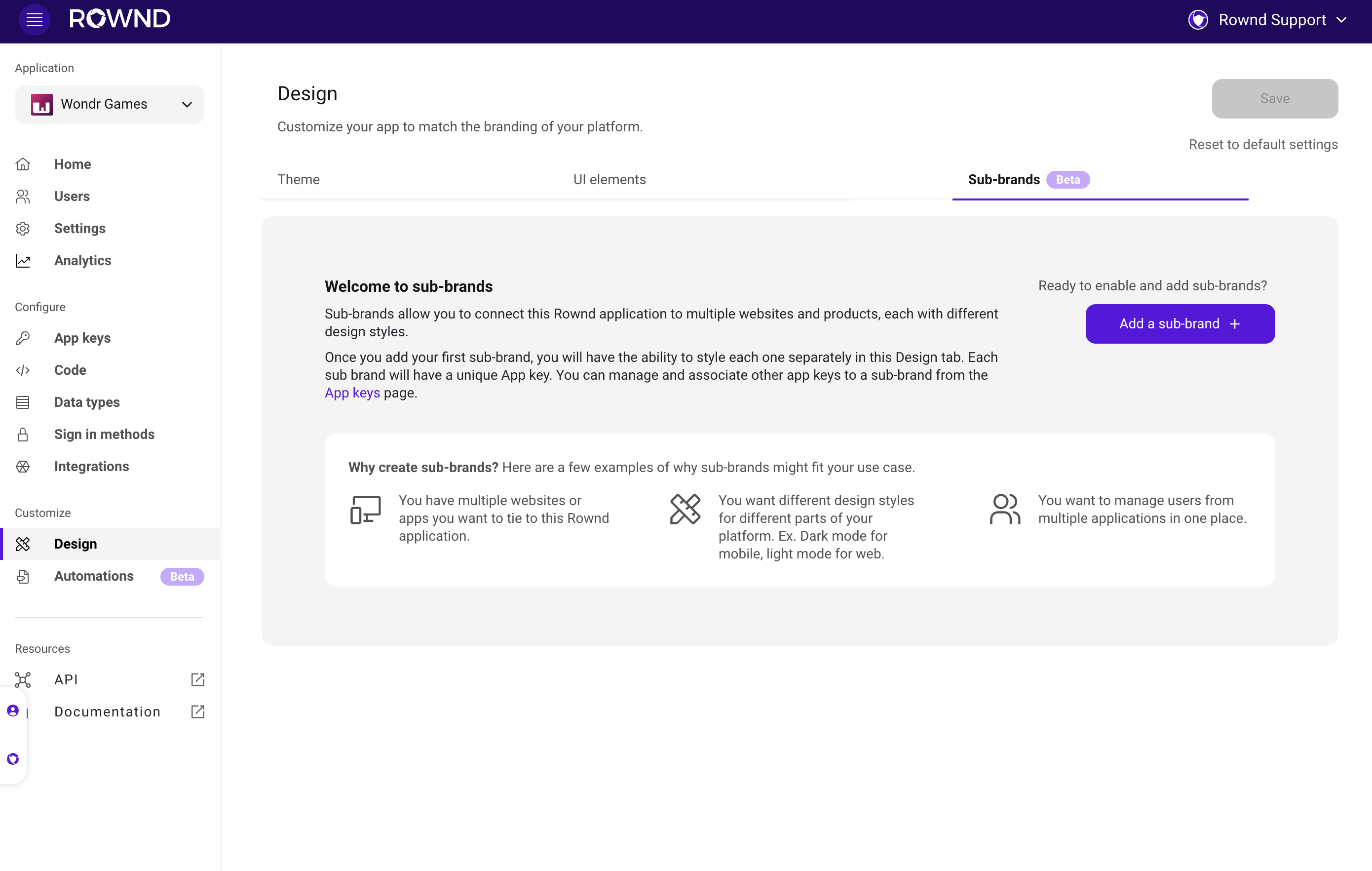 Customize Rownd with your branding and style on the "Design" tab.