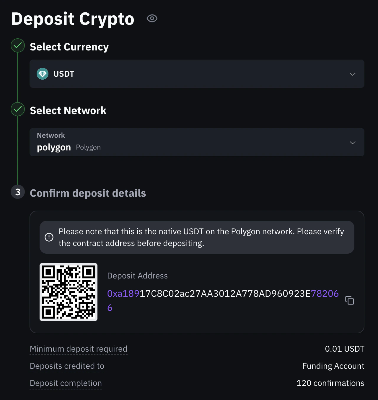 Deposit Crypto interface showing USDT deposit on Polygon with deposit address, QR code, and confirmation details