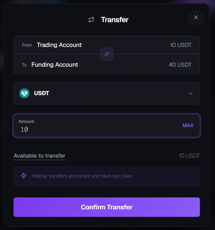 Transfer modal showing transfer between Funding and Unified Trading accounts