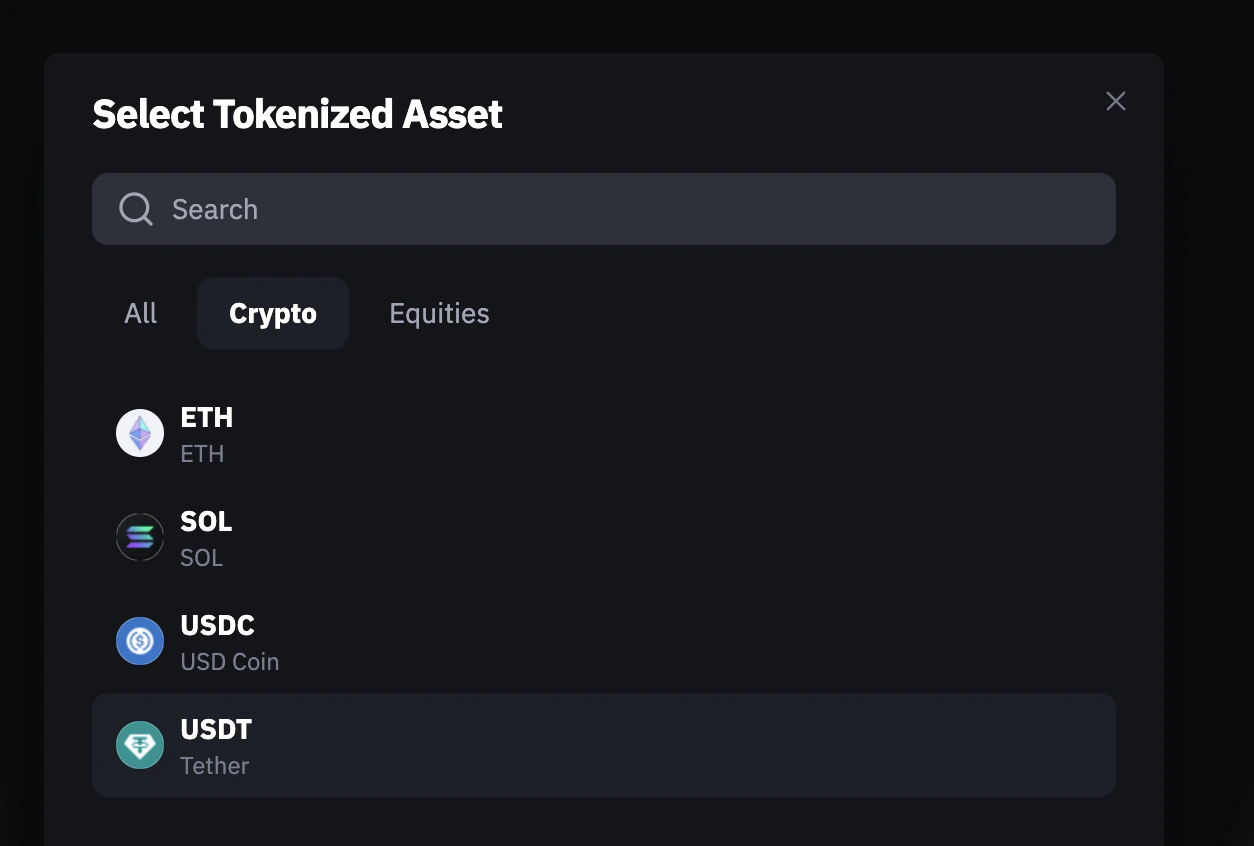 Select Tokenized Asset screen showing crypto assets: ETH, SOL, USDC, and USDT
