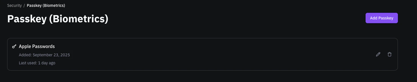 Passkey management screen showing registered passkeys with the option to add more
