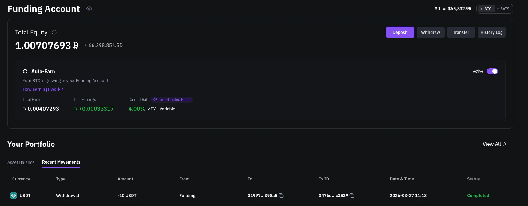 Funding Account showing Recent Movements tab with withdrawal activity