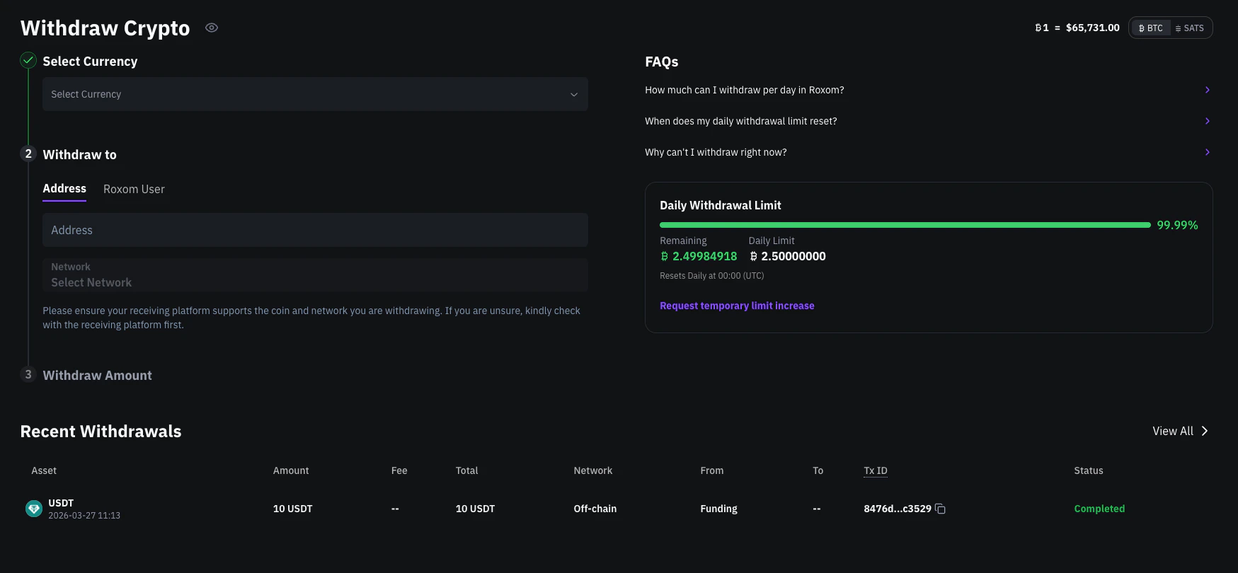 Recent Withdrawals section showing withdrawal status, amount, fee, network, and transaction ID