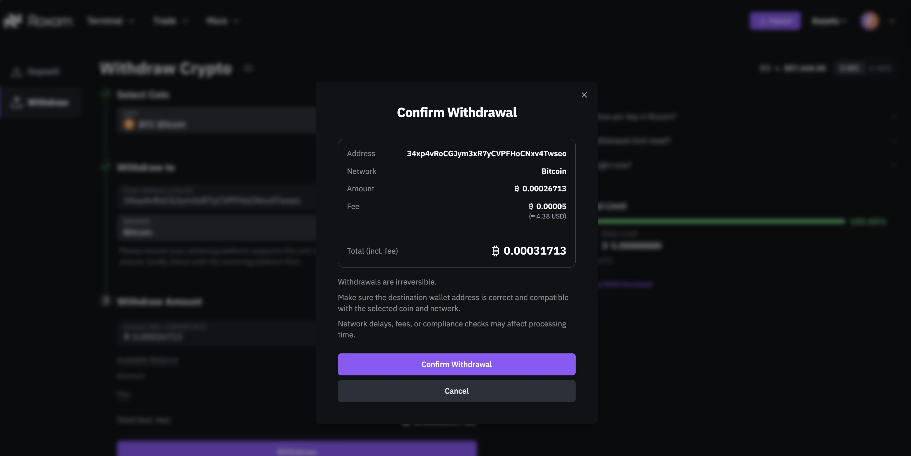 Confirm Withdrawal dialog