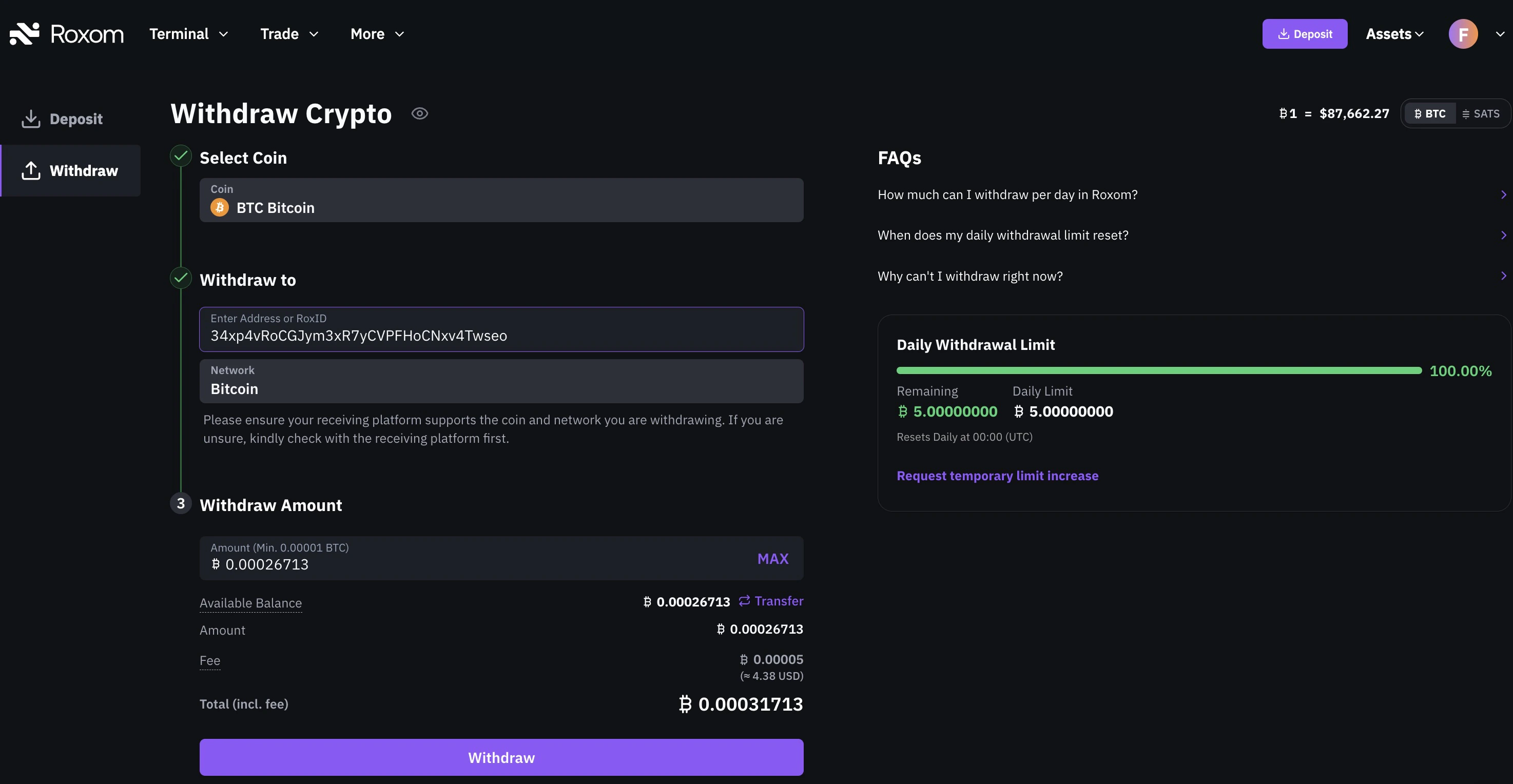Withdraw Crypto interface showing the withdrawal flow