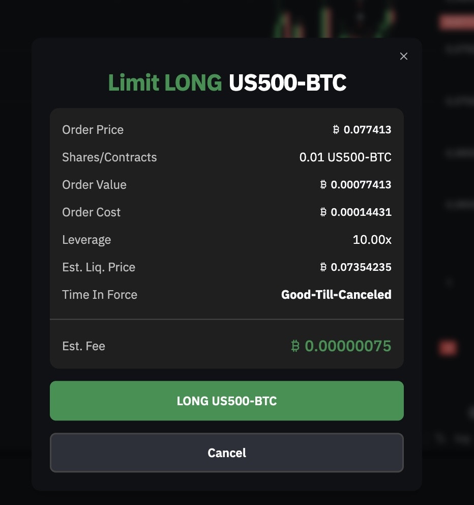 Order confirmation window showing order details, leverage, estimated liquidation price, and fees