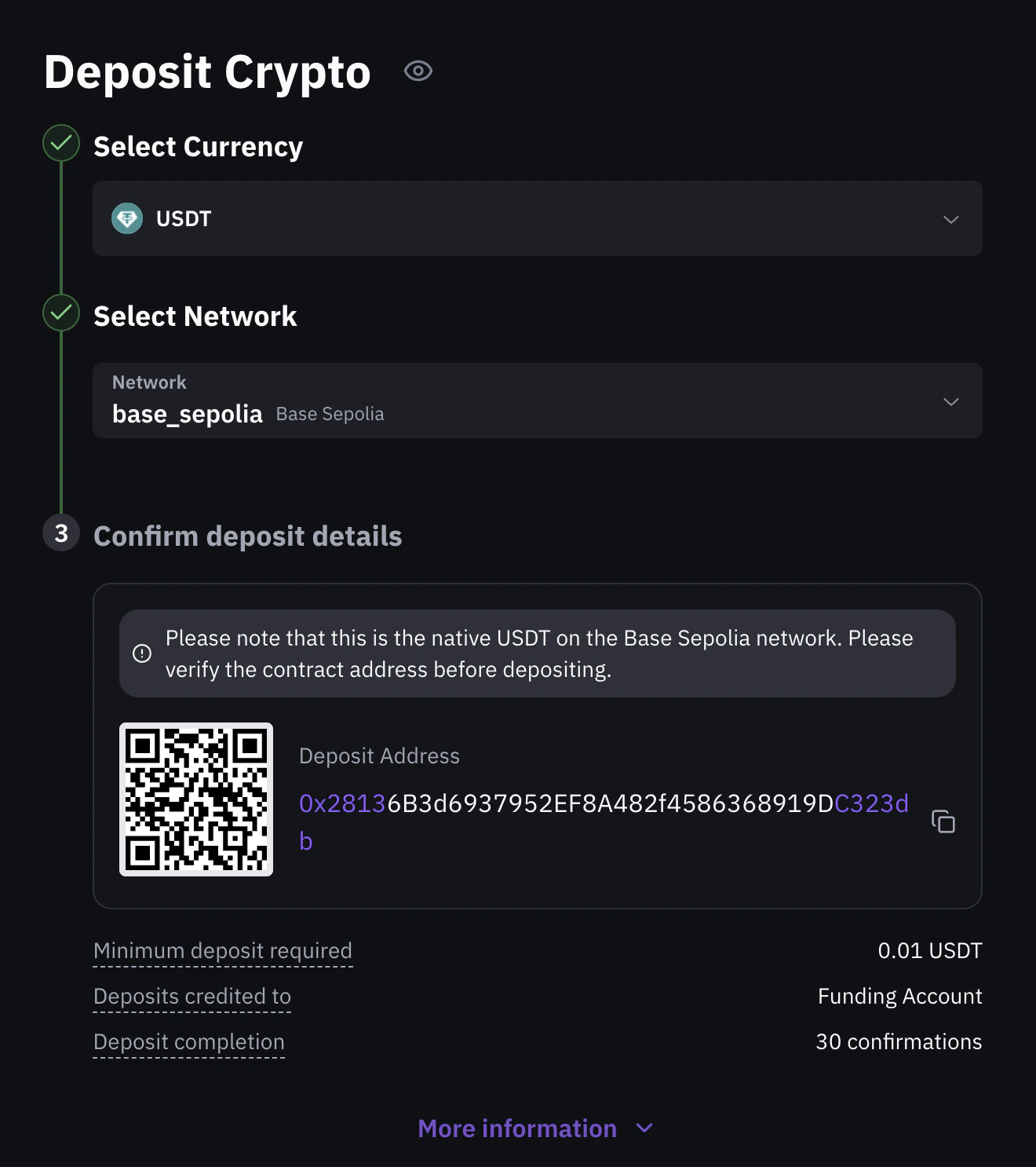 Deposit Crypto interface showing USDT deposit on Base Sepolia with deposit address, QR code, and confirmation details