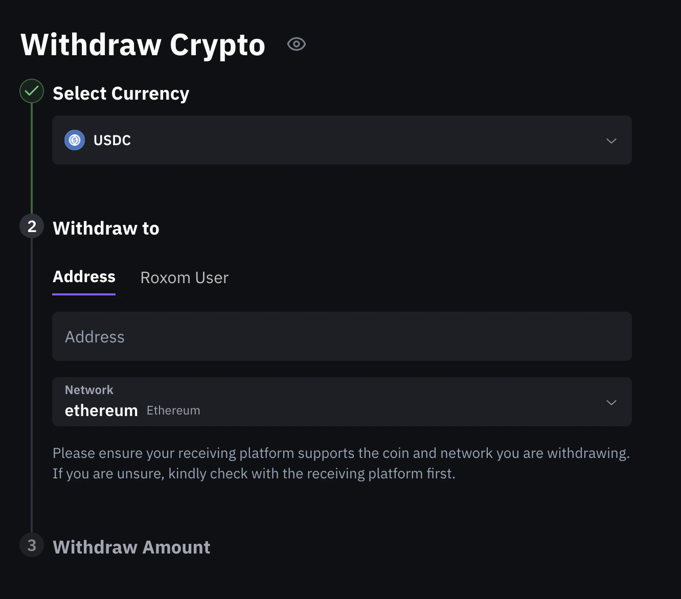 Withdraw Crypto interface showing USDC withdrawal with network selection