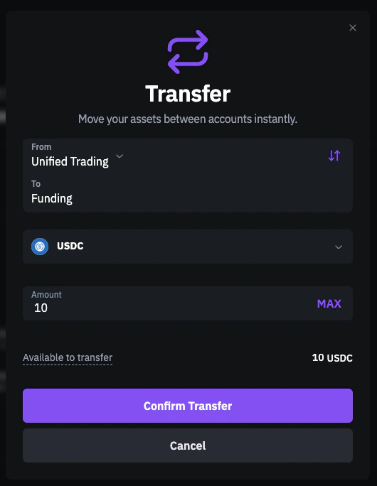 Transfer modal showing transfer from Unified Trading to Funding account