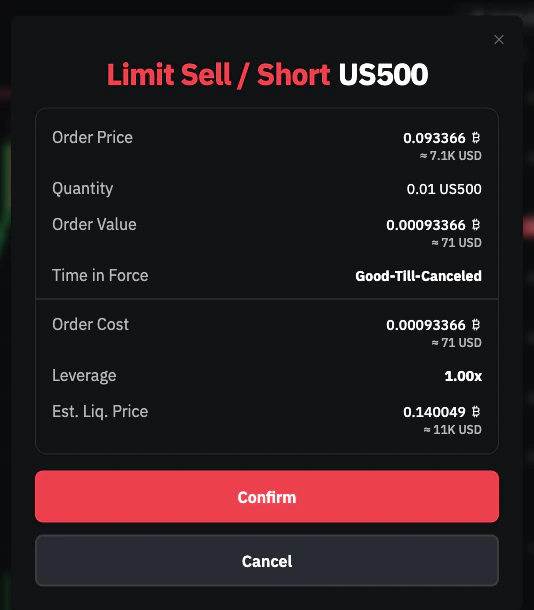 Limit Sell Short US500 order confirmation showing order price, quantity, value, leverage, and estimated liquidation price