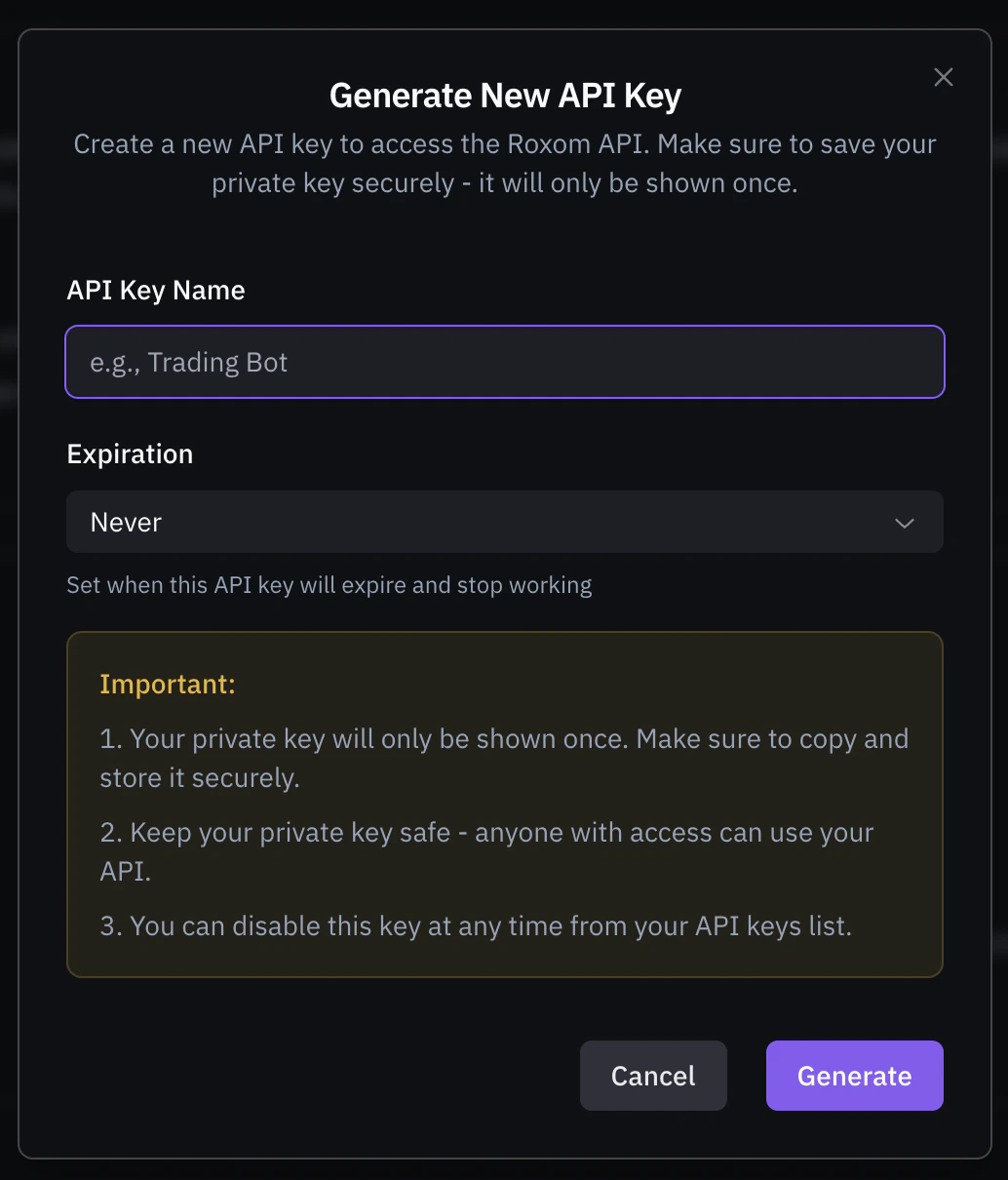 Generate new API key modal