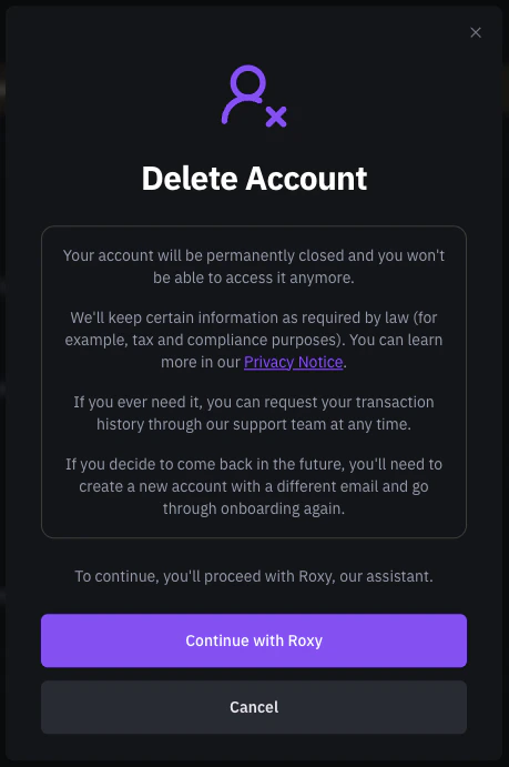 Delete account confirmation dialog