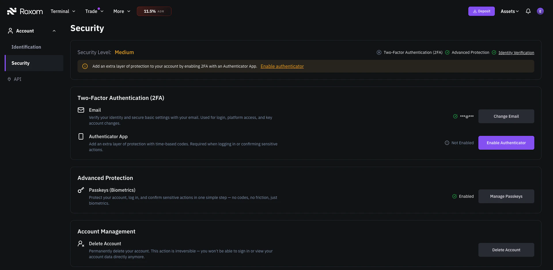 Security settings page showing the Delete Account option