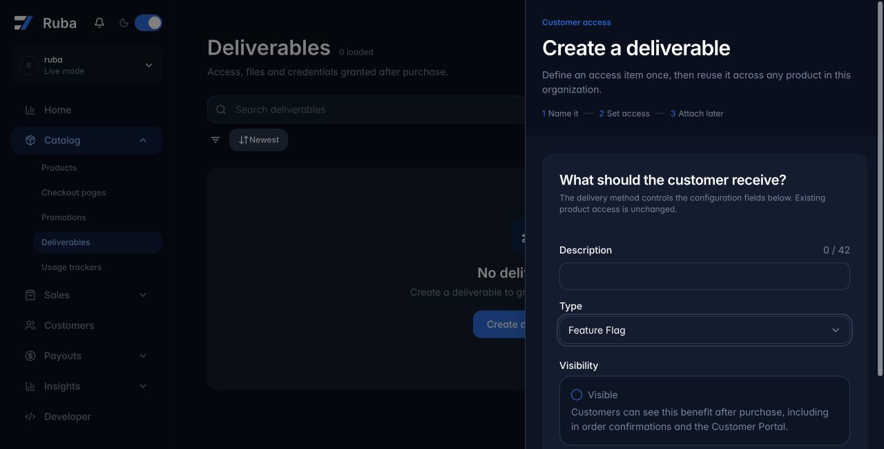 Ruba deliverable form configured for Feature Flag in dark mode
