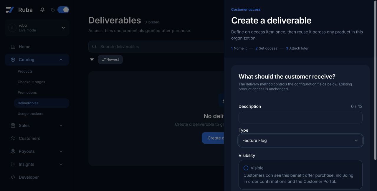 Ruba deliverable form configured for Feature Flag in dark mode