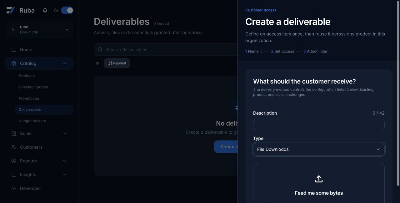 Ruba deliverable form configured for File Downloads in dark mode