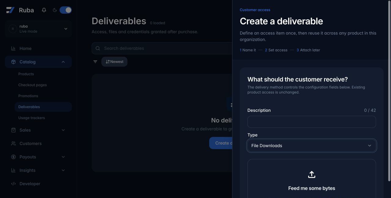 Ruba deliverable form configured for File Downloads in dark mode