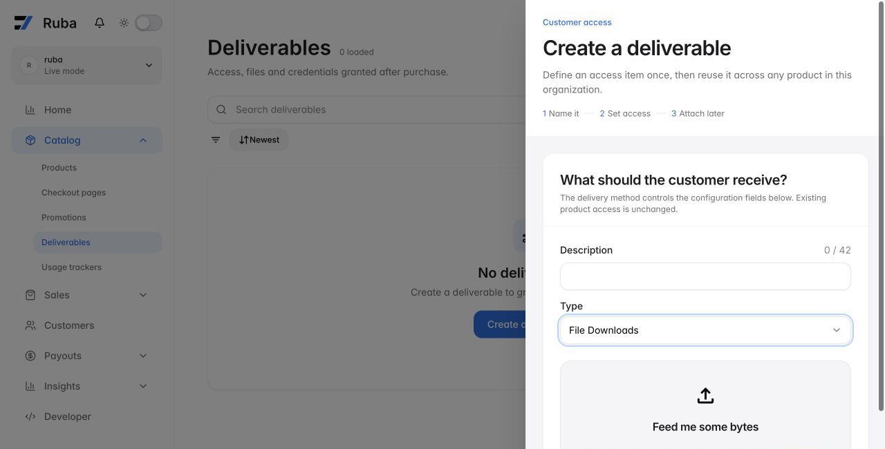 Ruba deliverable form configured for File Downloads in light mode