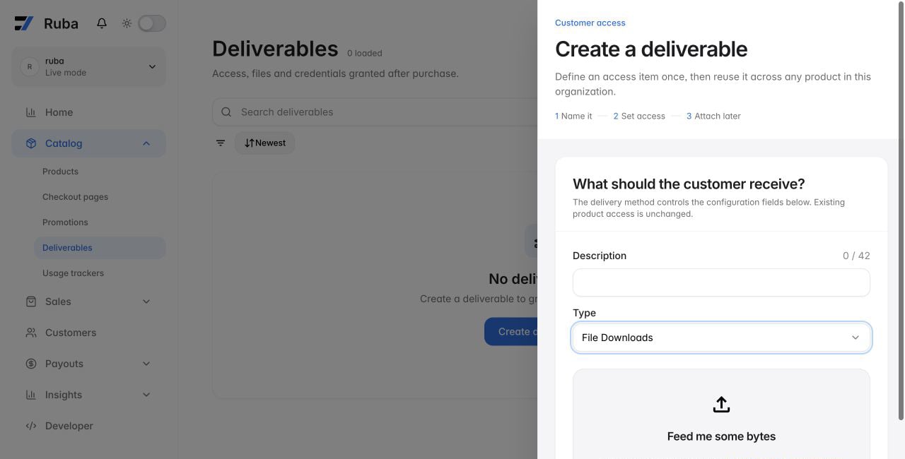 Ruba deliverable form configured for File Downloads in light mode