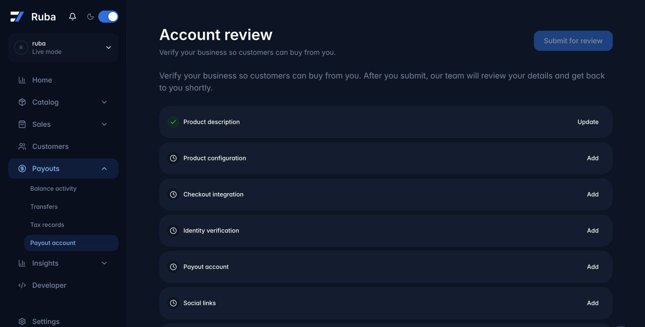 Ruba payout account review in dark mode