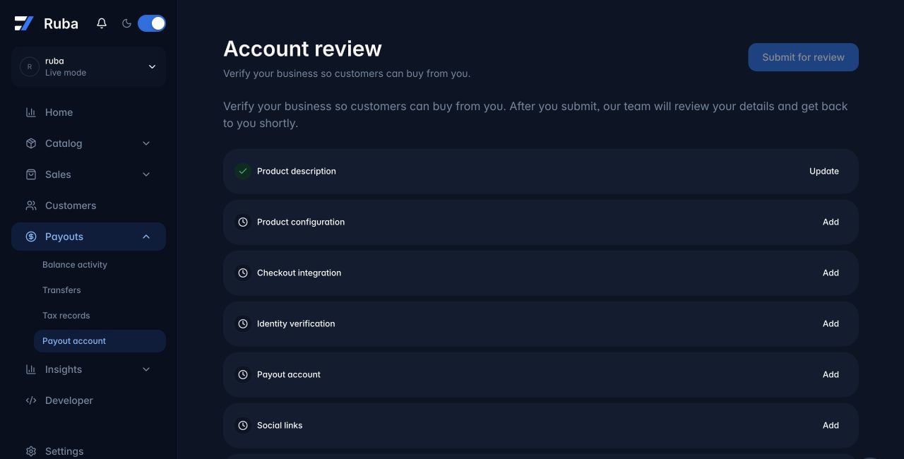 Ruba payout account review in dark mode