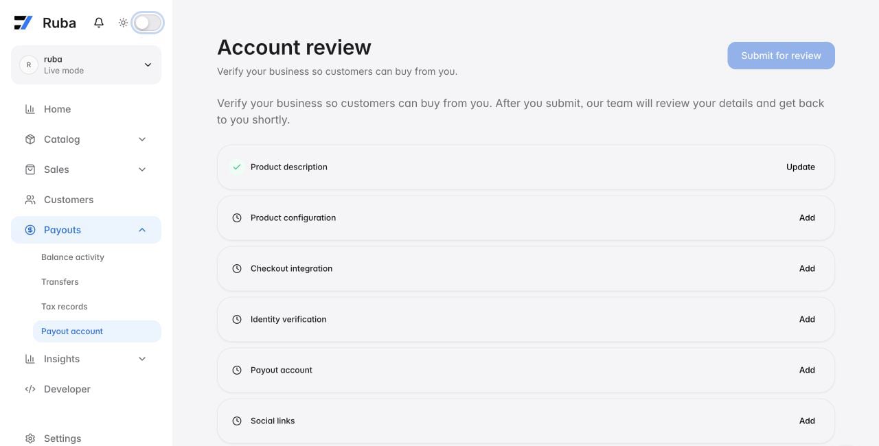Ruba payout account review in light mode